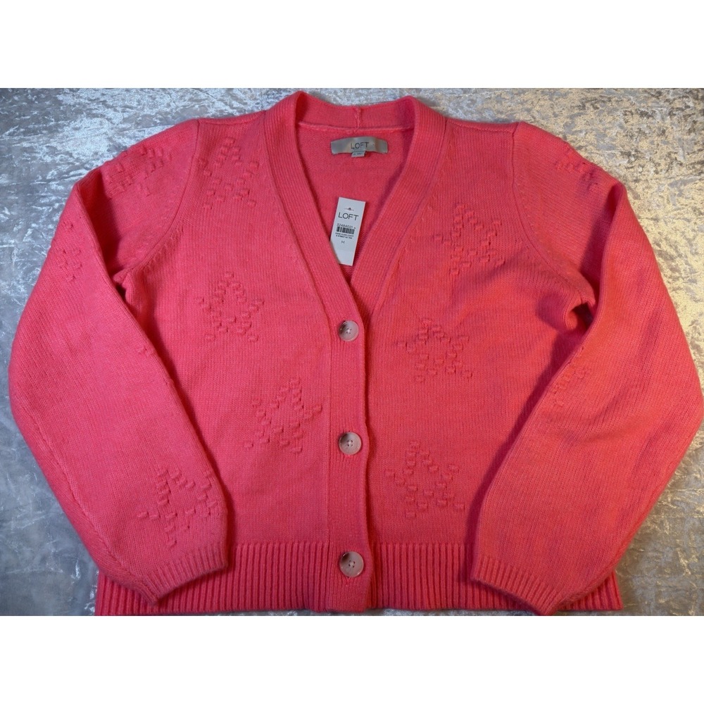 LOFT Women's Cardigan Sweater M Pink Wool Blend Floral Button Front NWT